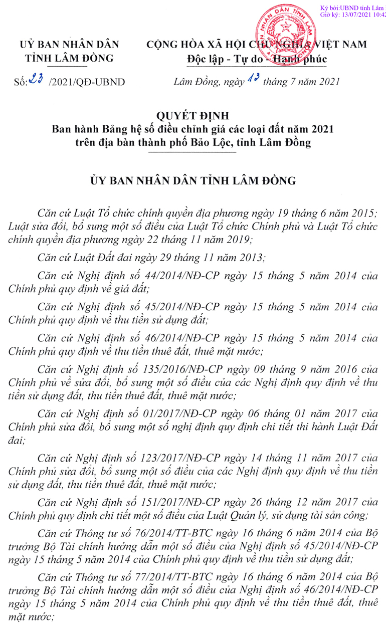 Bảng hệ số điều chỉnh giá các loại đất năm 2021 trên địa bàn thành phố Bảo Lộc
