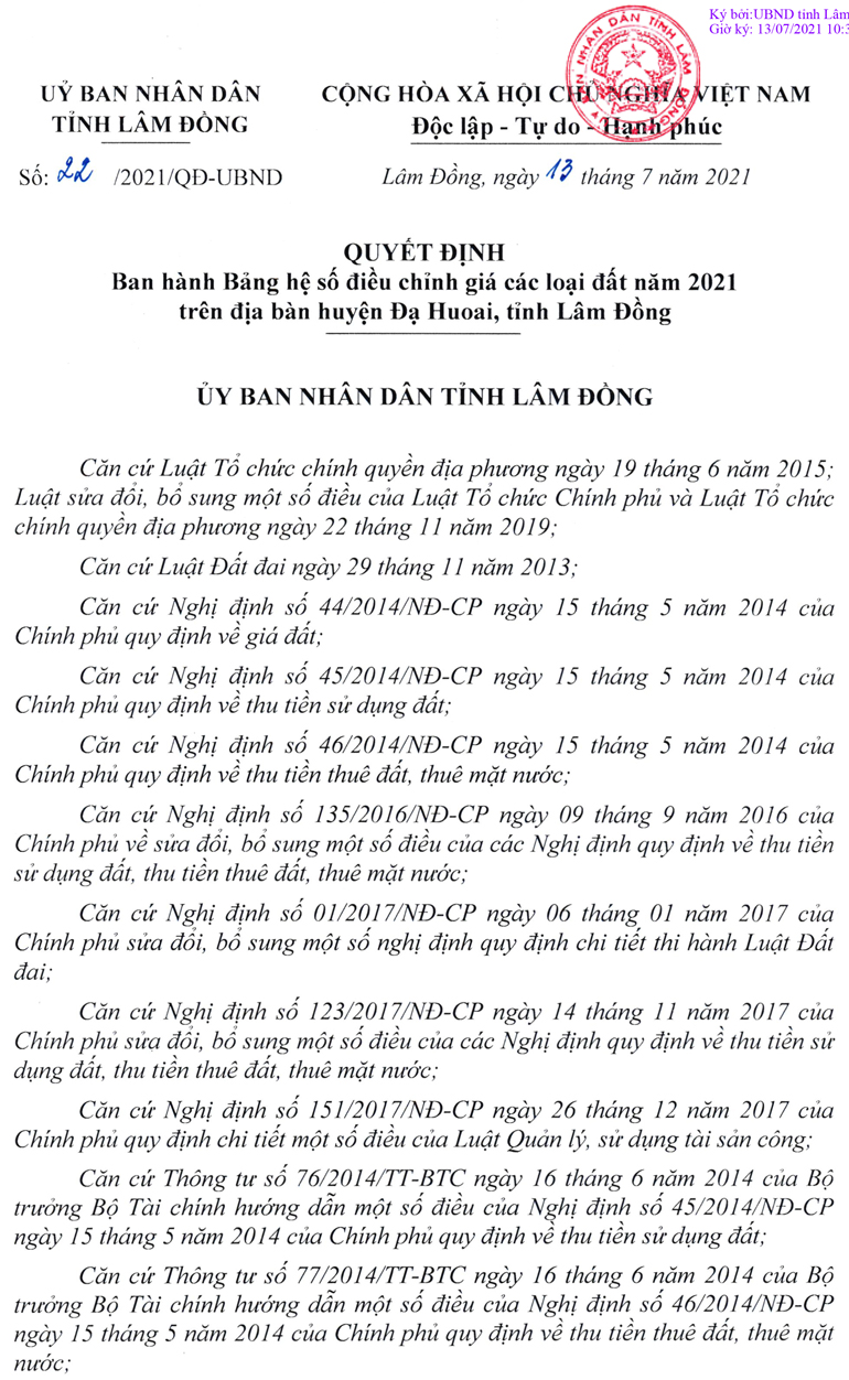 Bảng hệ số điều chỉnh giá các loại đất năm 2021 trên địa bàn huyện Đạ Huoai