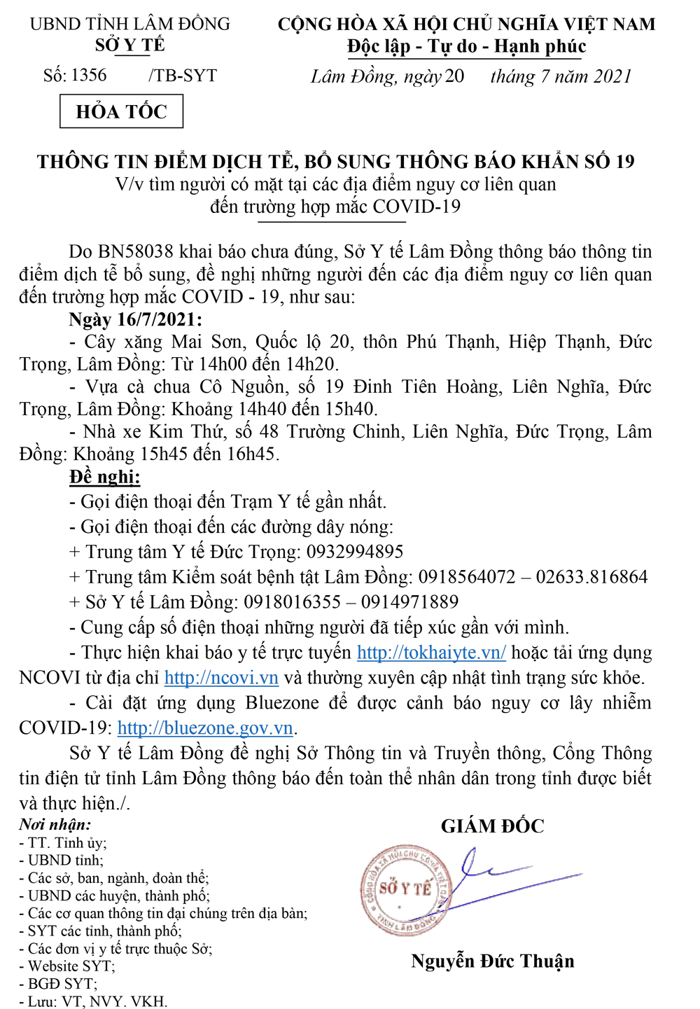 Thông tin điểm dịch tễ, bổ sung thông báo khẩn số 19