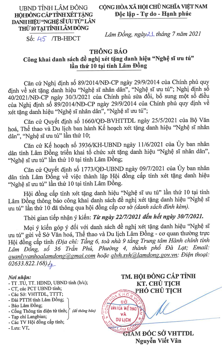 Công khai danh sách đề nghị xét tặng danh hiệu &quot;Nghệ sĩ ưu tú&quot; lần thứ 10 tại tỉnh Lâm Đồng