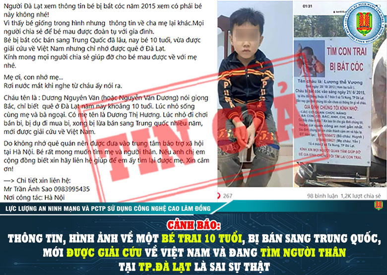 ''Em bé bị bắt cóc, mới được giải cứu về Việt Nam, có quê ở Đà Lạt'' là thông tin giả