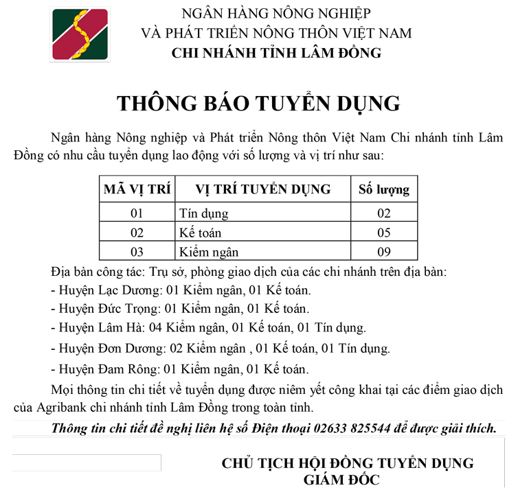 NGÂN HÀNG NÔNG NGHIỆP VÀ PHÁT TRIỂN NÔNG THÔN VIỆT NAM CHI NHÁNH TỈNH LÂM ĐỒNG: THÔNG BÁO TUYỂN DỤNG