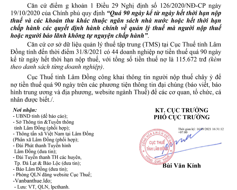 Thông báo về việc công khai thông tin người nộp thuế