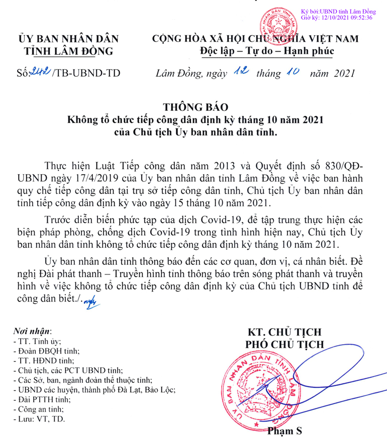 Thông báo không tổ chức tiếp công dân định kỳ tháng 10 năm 2021 của Chủ tịch Uỷ ban nhân dân tỉnh