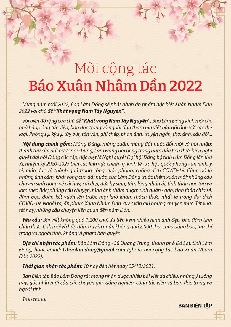 Thư mời cộng tác Báo Xuân Nhâm Dần 2022