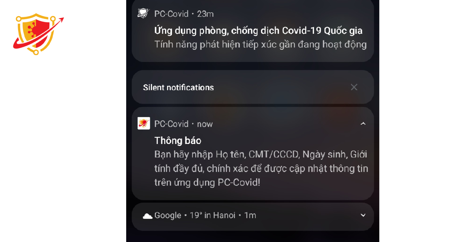 Tin nhắn thông báo người dùng rà soát thông tin để cập nhật đúng thông tin về mũi tiêm.
