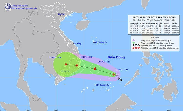 Thời tiết ngày 25/10: Áp thấp nhiệt đới phía Tây Bắc quần đảo Trường Sa, gió giật cấp 8