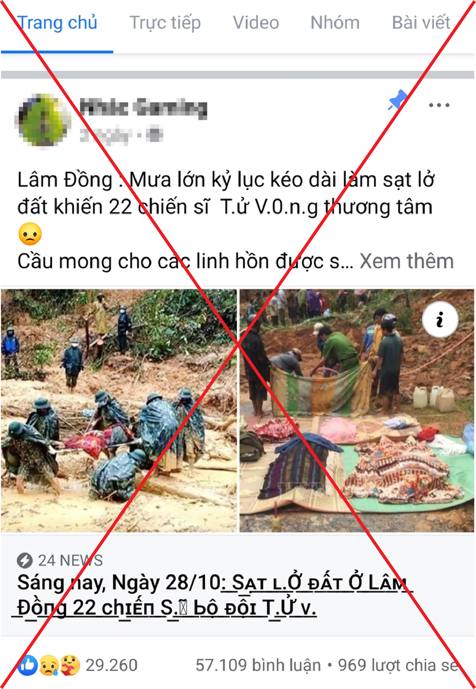 Xuất hiện thông tin bịa đặt ''sạt lở đất ở Lâm đồng khiến 22 chiến sĩ tử vong''