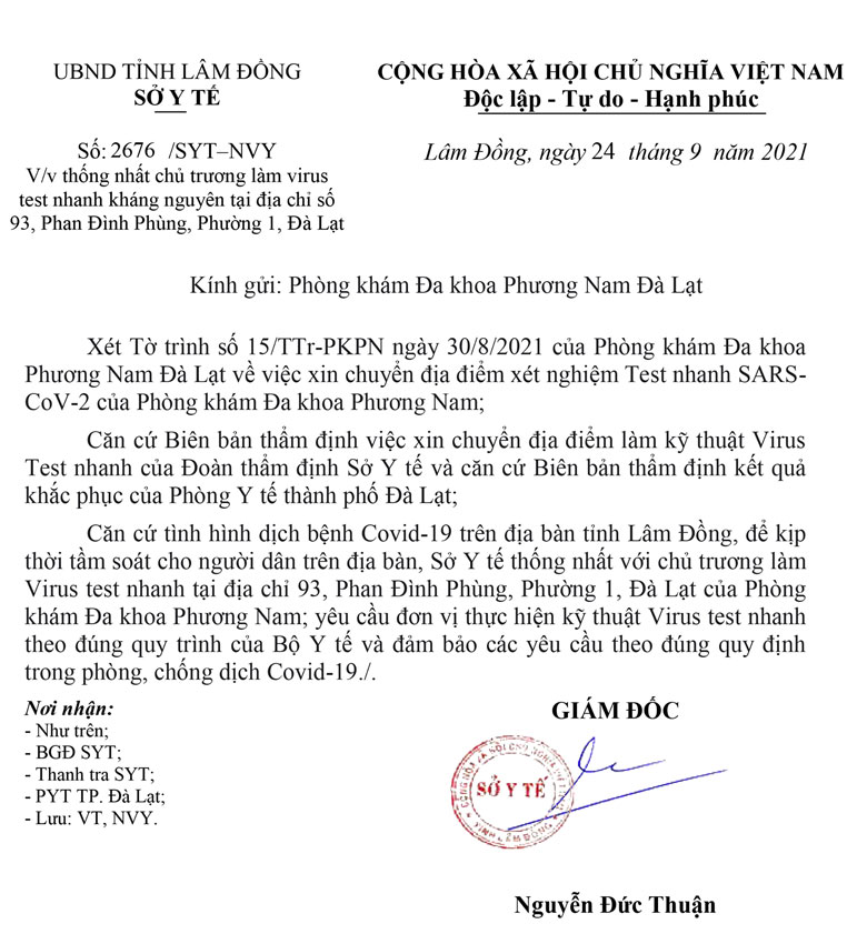 Sở y tế cấp phép cho cơ sở 93 Phan Đình Phùng, P1, Đà Lạt là địa chỉ test nhanh Covid của Phòng Khám Đa khoa Phương Nam hỗ trợ cho người dân, doanh nghiệp có nhu cầu