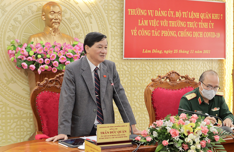 Đồng chí Trần Đức Quận - Ủy viên Ban Chấp hành Trung ương Đảng, Bí thư Tỉnh ủy, Chủ tịch HĐND tỉnh phát biểu tại buổi làm việc