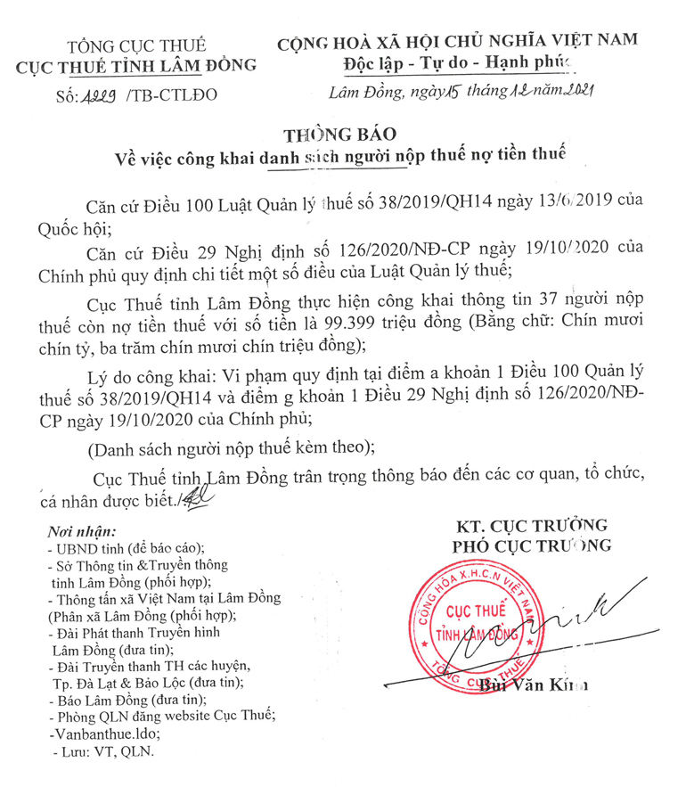 Thông báo về việc công khai danh sách người nộp thuế nợ tiền thuế