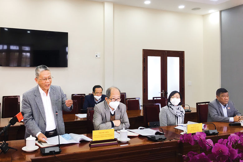 Đại diện Đoàn giám sát Đại biểu Quốc hội tham gia góp ý về giải pháp khắc phục những tồn tại, khó khăn sau sắp xếp đơn vị hành chính cấp xã tại 3 huyện phía Nam của tỉnh. 