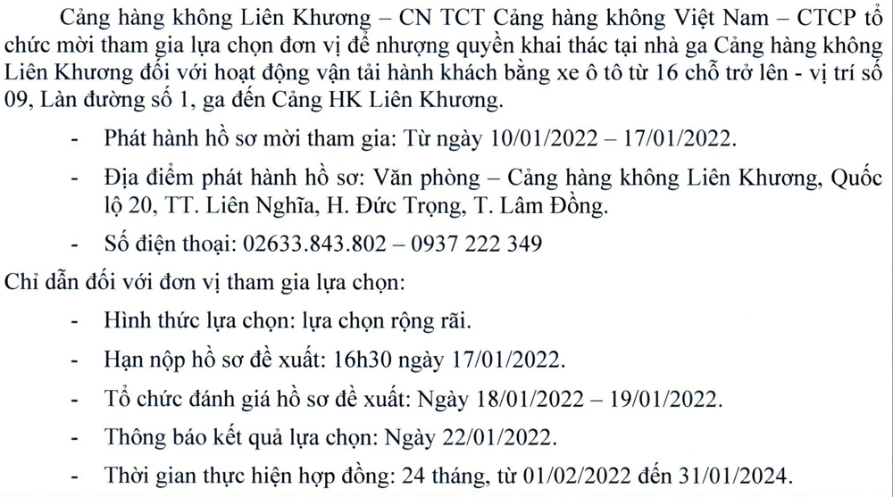 Thông báo mời tham gia lựa chọn - Cảng HK Liên Khương