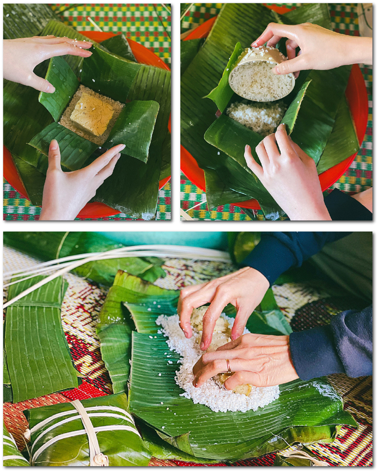 Từ những nguyên vật liệu đã được chuẩn bị chu đáo, người gói thực hiện những công đoạn gói bánh