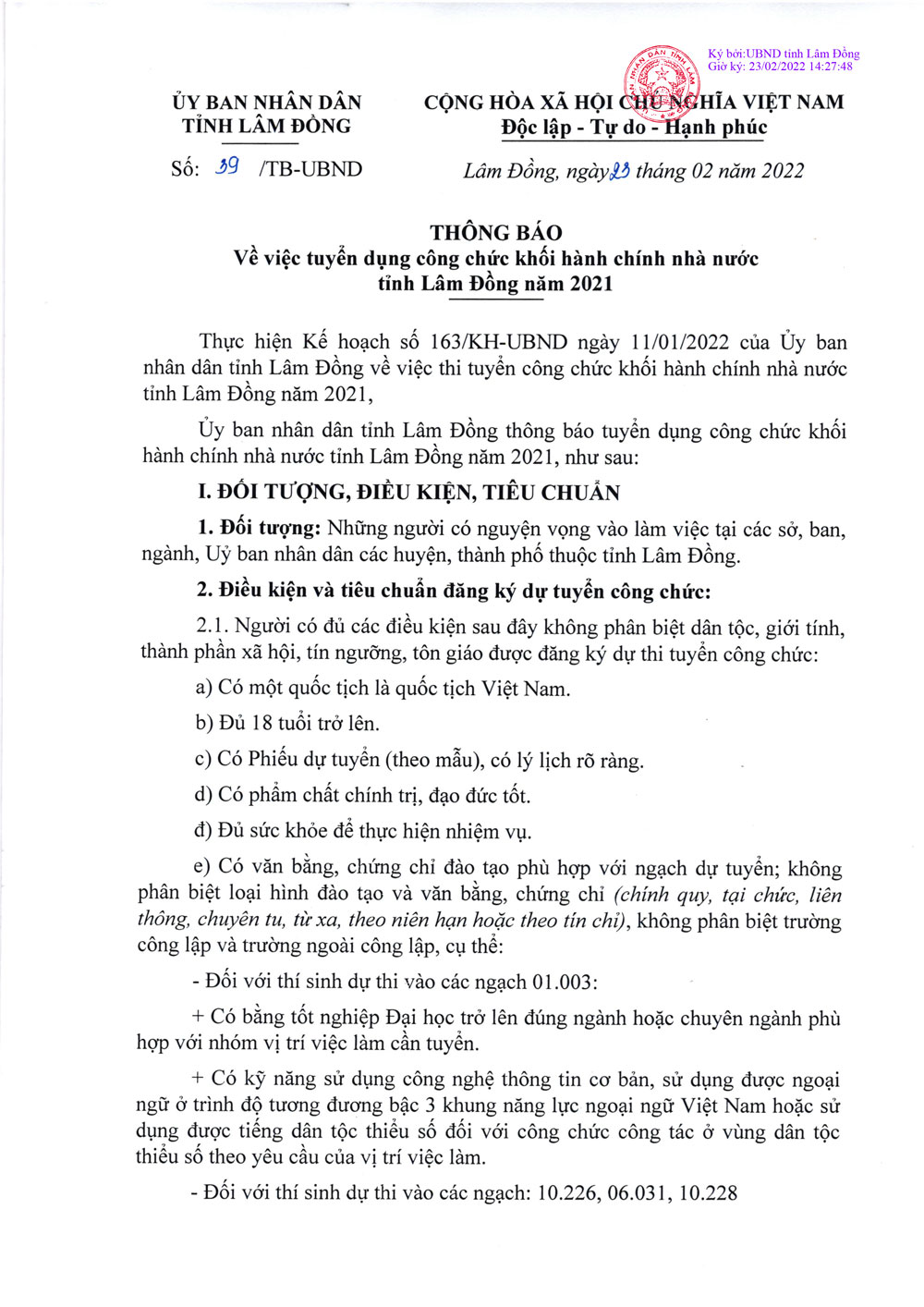 Thông báo Về việc tuyển dụng công chức khối hành chính nhà nước tỉnh Lâm Đồng năm 2021