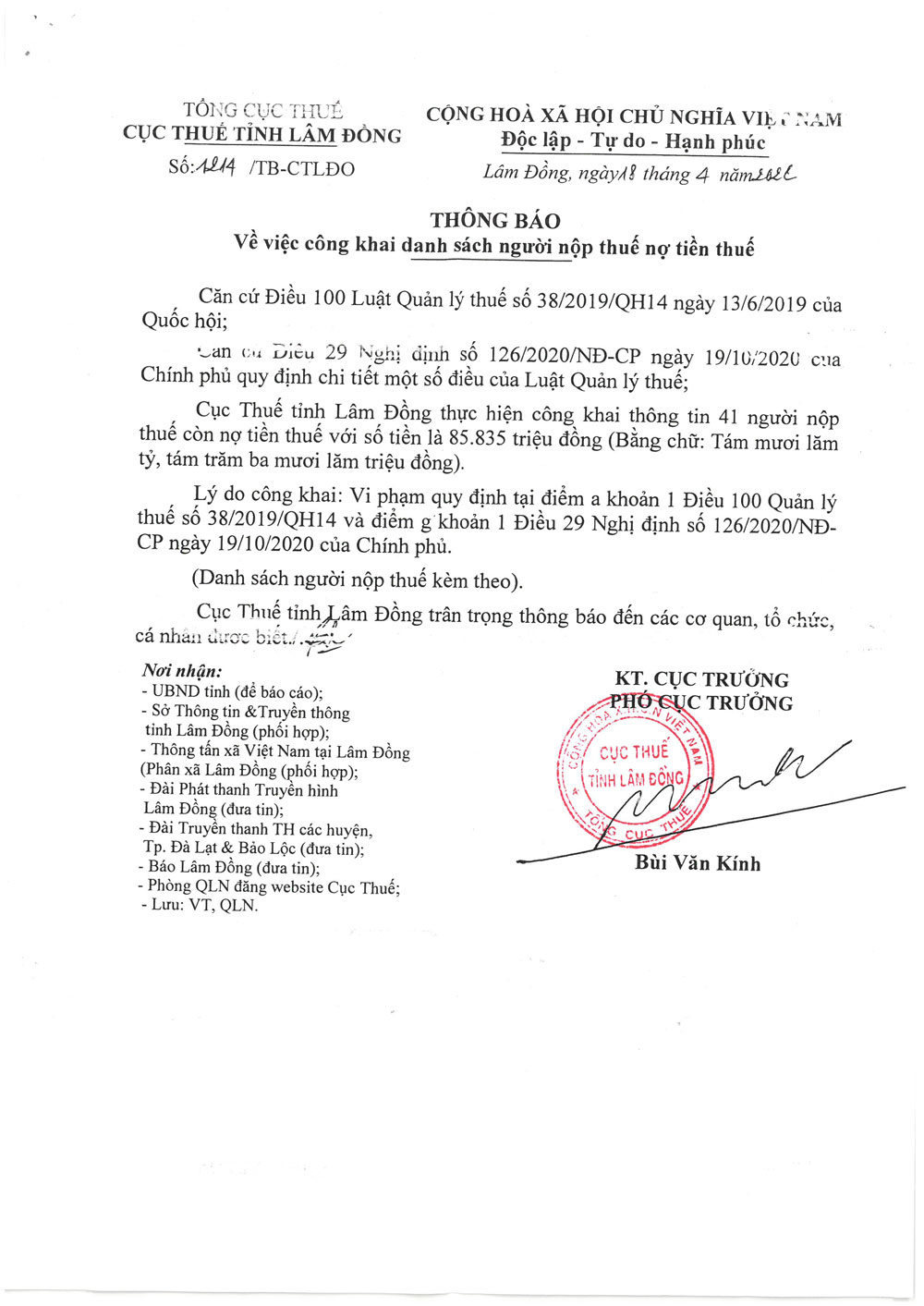 Thông báo về công khai danh sách người nộp thuế nợ tiền thuế