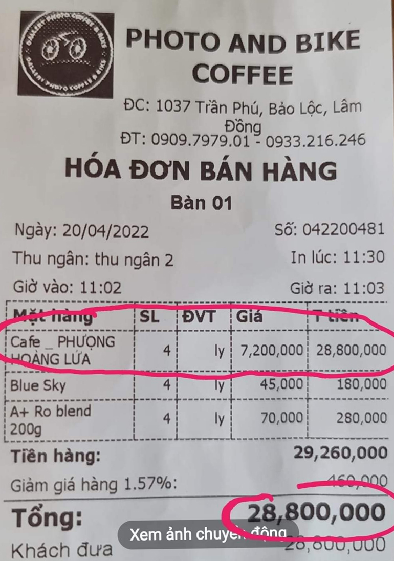 Chủ quán tự in hóa đơn 4 ly cà phê ''Phượng hoàng lửa'' giá 28,8 triệu đồng để câu like