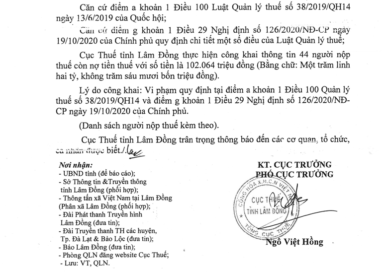 Thông báo về việc công khai danh sách người nộp thuế nợ tiền thuế
