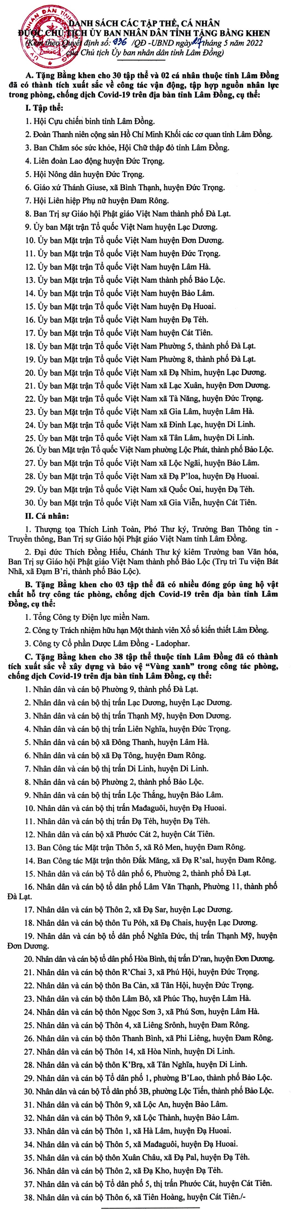 Chủ tịch UBND tỉnh khen thưởng 73 tập thể và cá nhân xuất sắc trong phòng chống dịch Covid-19