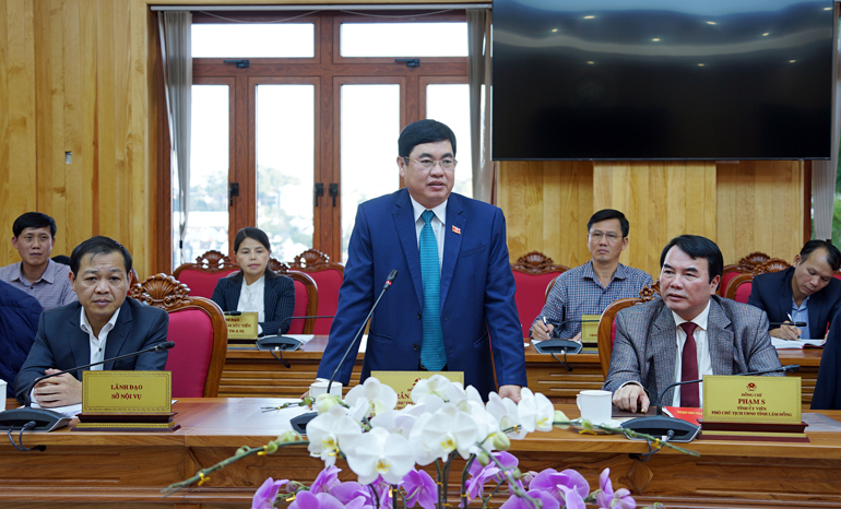 Phó Bí thư Thường trực Tỉnh ủy Lâm Đồng Trần Đình Văn phát biểu 