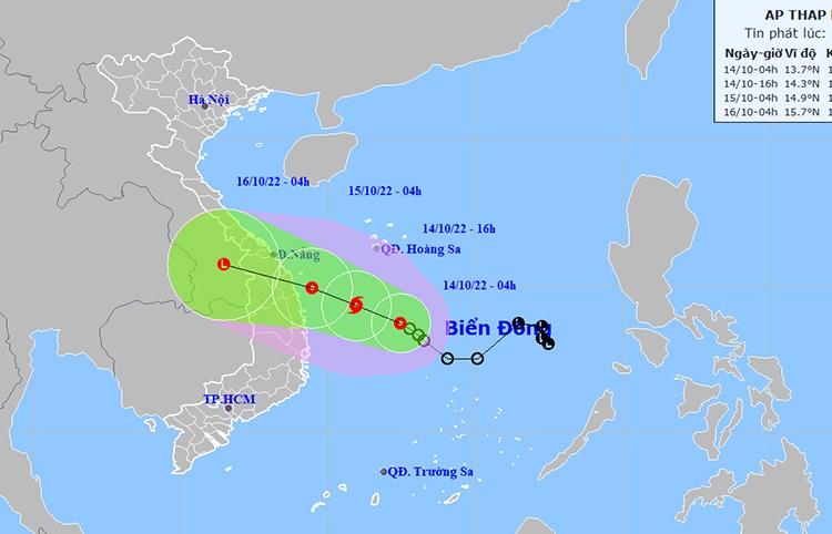 Thời tiết ngày 14/10: Áp thấp nhiệt đới tăng nhanh, Quảng Trị đến Quảng Ngãi có mưa rất to