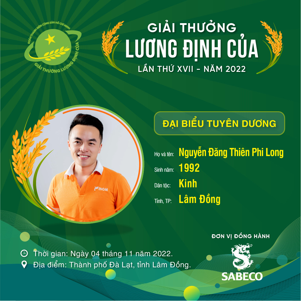 Anh Nguyễn Đăng Thiên Phi Long được nhận Giải thưởng Lương Định Của năm 2022