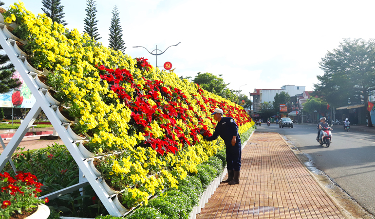 Công trình hoa trang trí tại Quảng trường 28 tháng 3, nơi diễn ra chương trình nghệ thuật “Bảo Lộc – Hương trà, Sắc tơ”